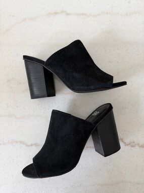 BP Black Suede Open-Toe Block Heel Mules